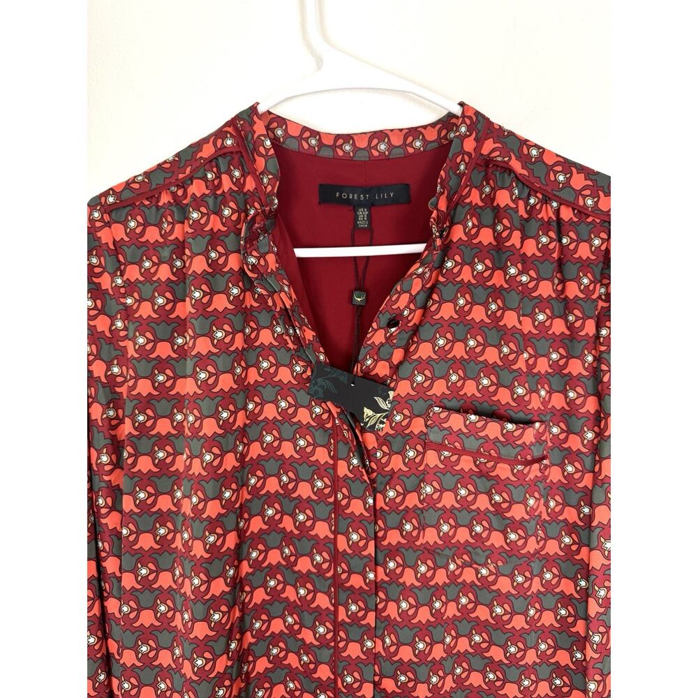 Forest Lily Shirt Dress Red Tulip Art Deco Bow Cuff S